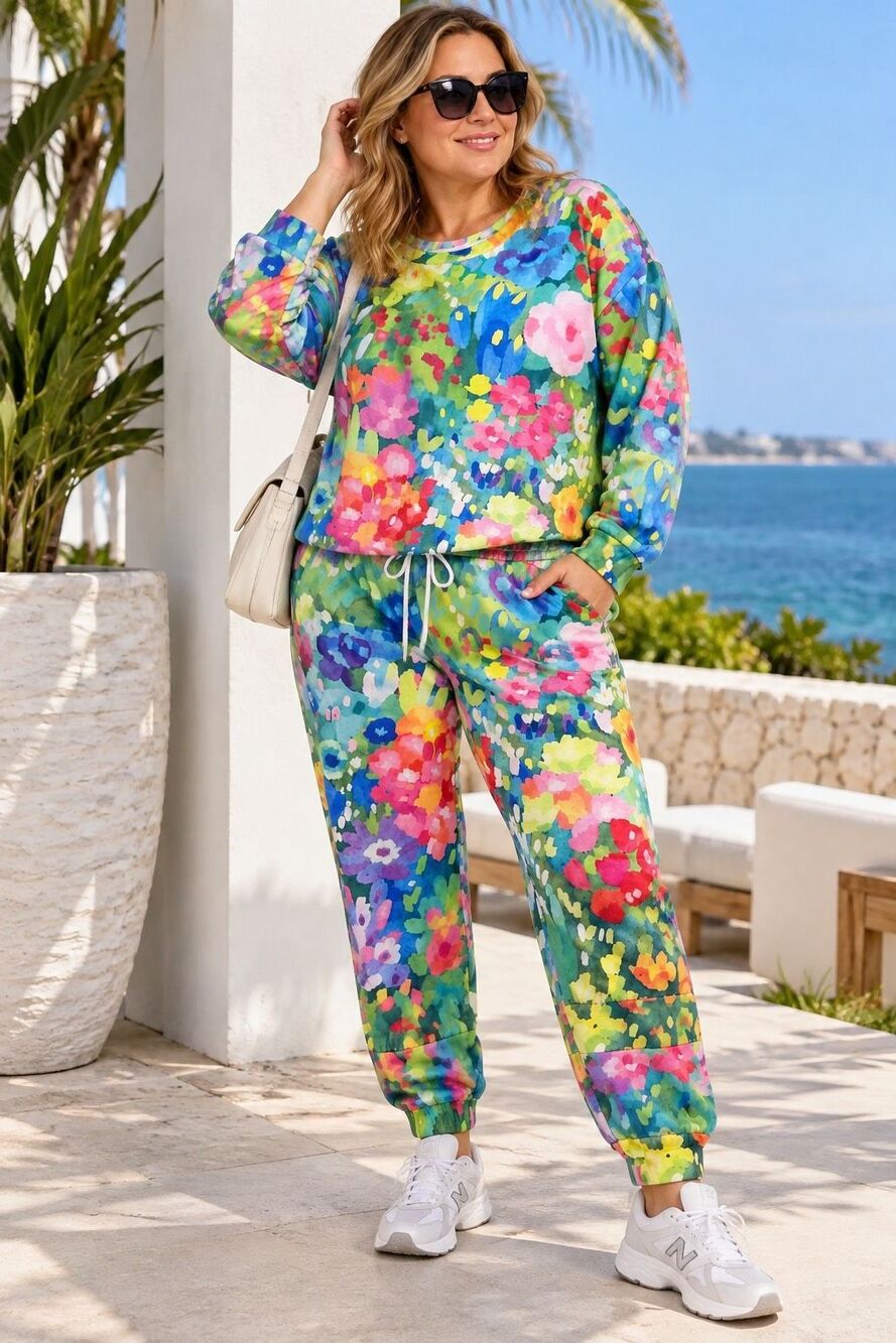 Italian Luxury Boutique Exclusive Floral Athletic Set Size 3XL